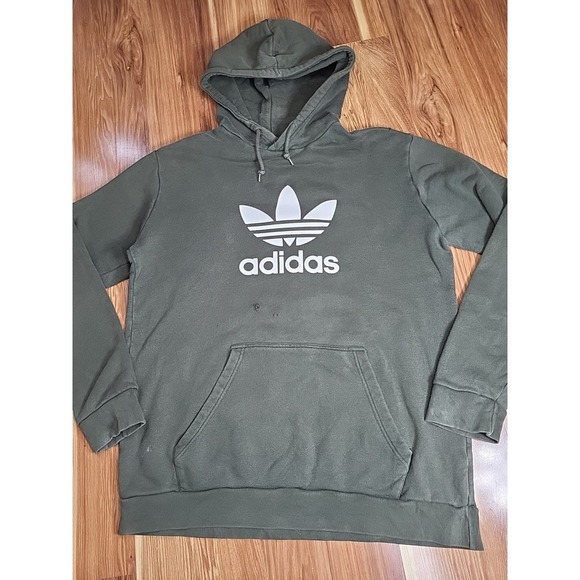 Thrashed Adidas Hoodie Sweatshirt Men's Large Green Trefoil Graphic Print Grunge - Picture 2 of 12